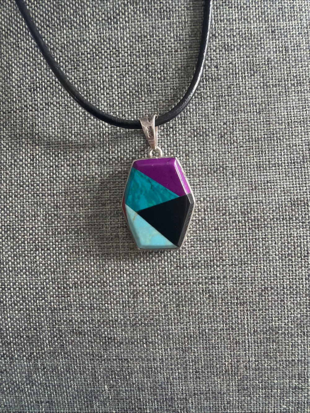 Geometric Multi-Color Inlay Pendant Necklace - Purple, Turquoise, Black